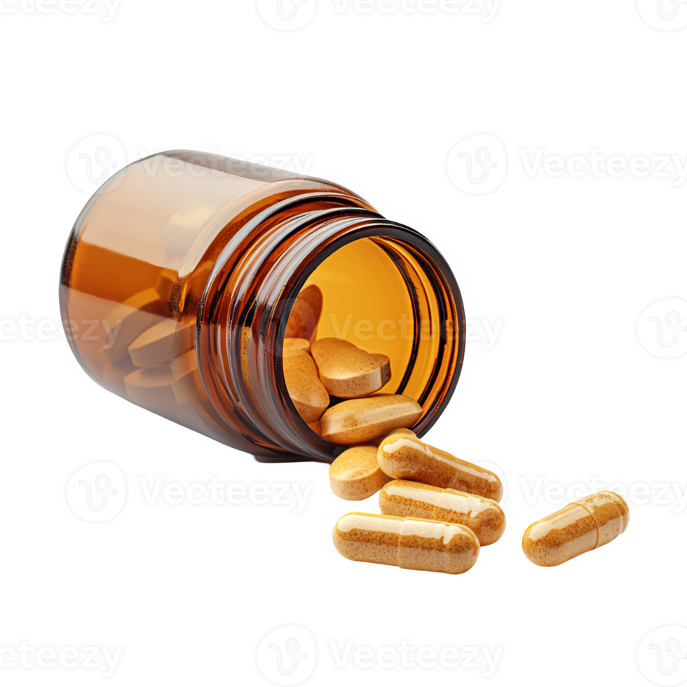 Open bottle of medicine pills is lying transparent background png