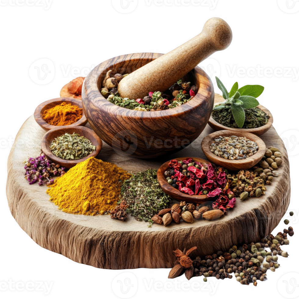 many different dry herbs and spices on wooden board transparent background png