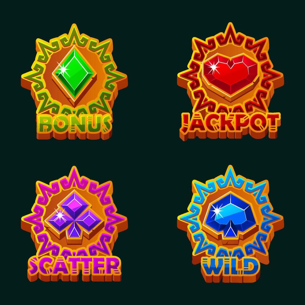 Playing card icons in solar disk frame, Aztec style icons. Symbols heart, spade, diamond, and club for your casual game, slots or casino vector