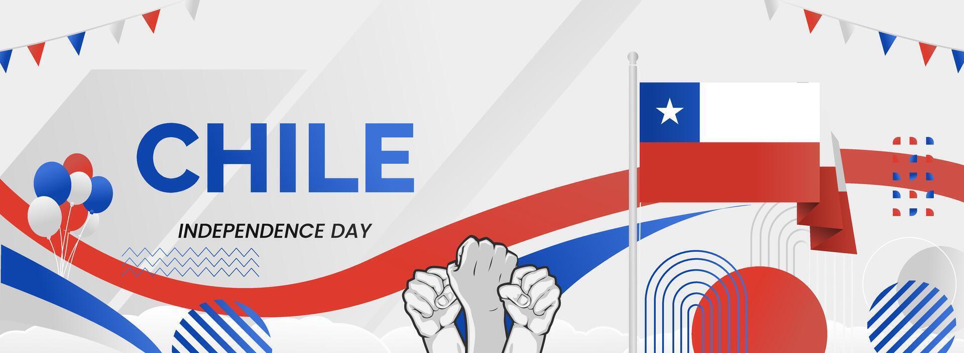 Modern banner for Chile's national independence day. National day greeting card with Chilean flag colors, typography and hands raised in enthusiasm. vector