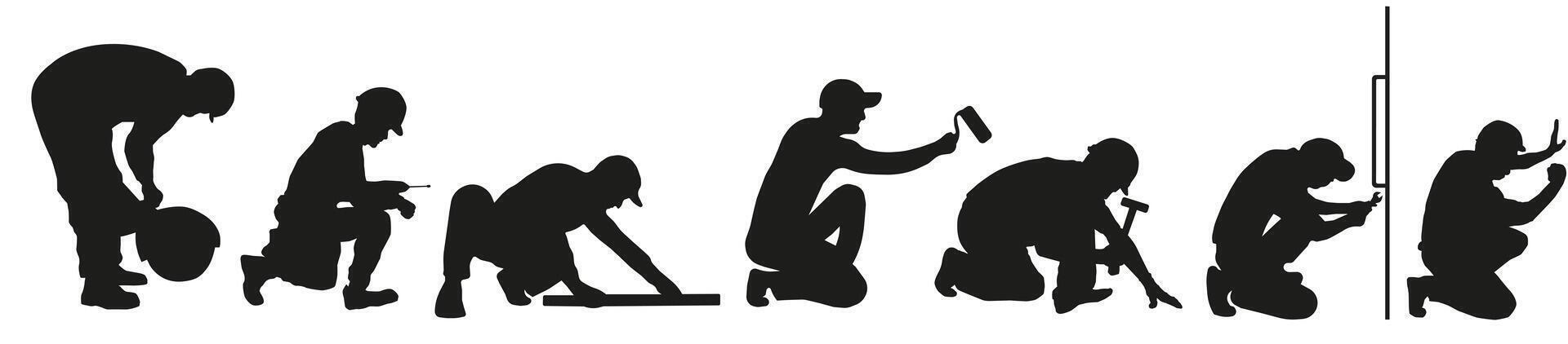 Isolated silhouettes of builders with different tools. Builders. vector