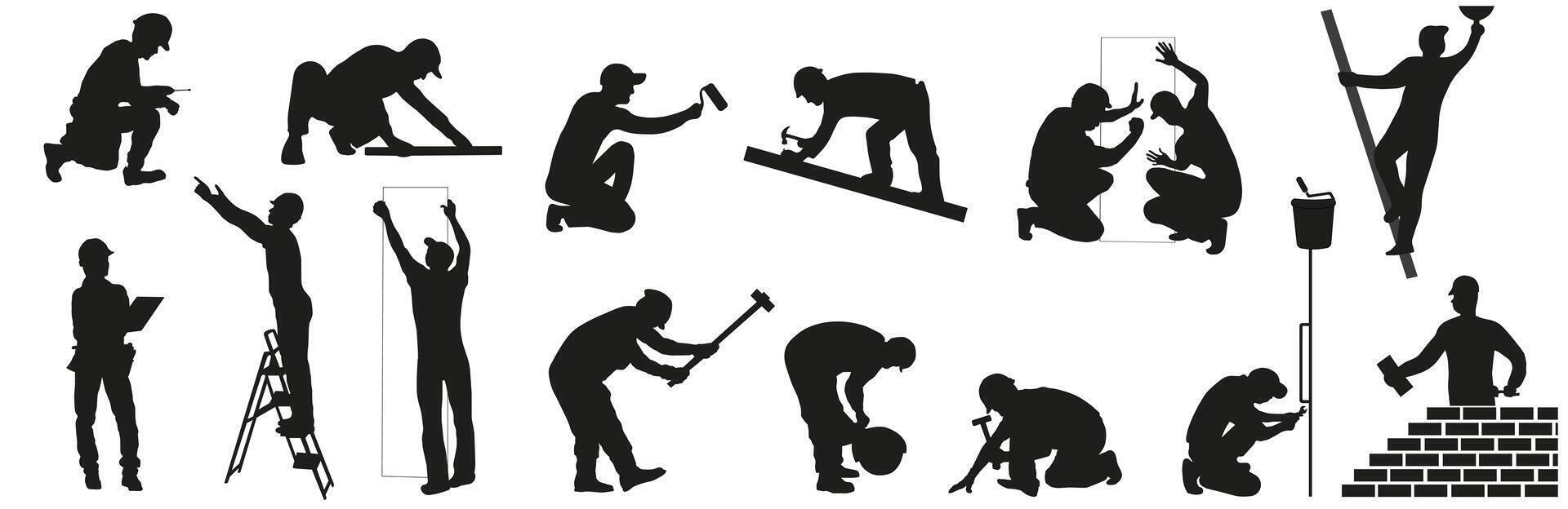 Collection of builders silhouettes. Isolated silhouettes of builders with different tools. Builders. vector
