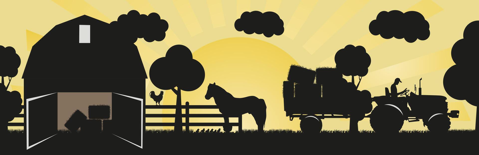 Barn and farm. Farm silhouettes against the background of the sun. vector
