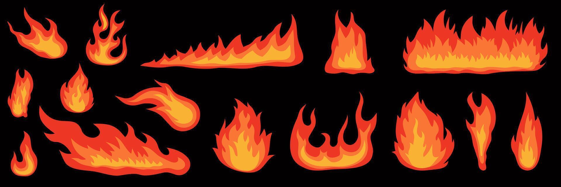 Collection of hot flame elements on black background. Burning flame set. Isolated illustration. vector