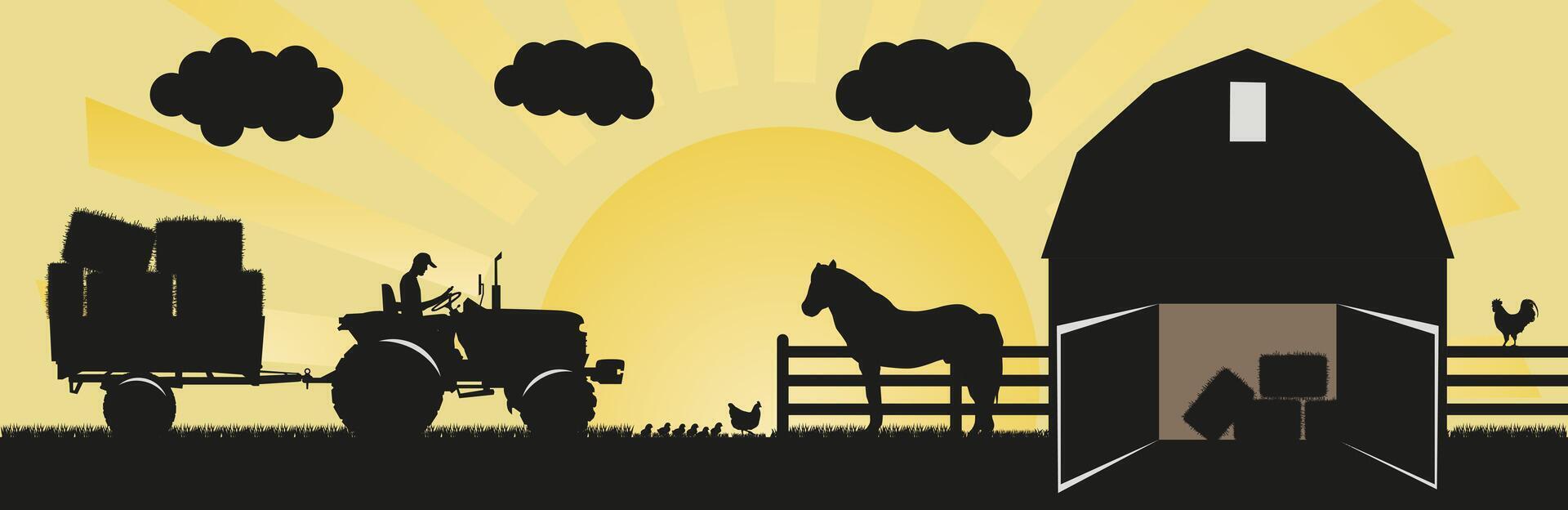 Agricultural landscape with tractor. vector