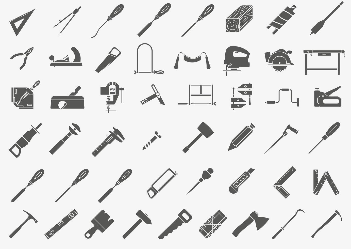 Tool for carpentry workshop. Collection of dark full icons of carpentry tools. vector