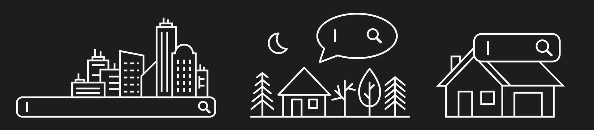 Icons of buildings in a white line on a dark background. Destination search kit. City building icons. vector