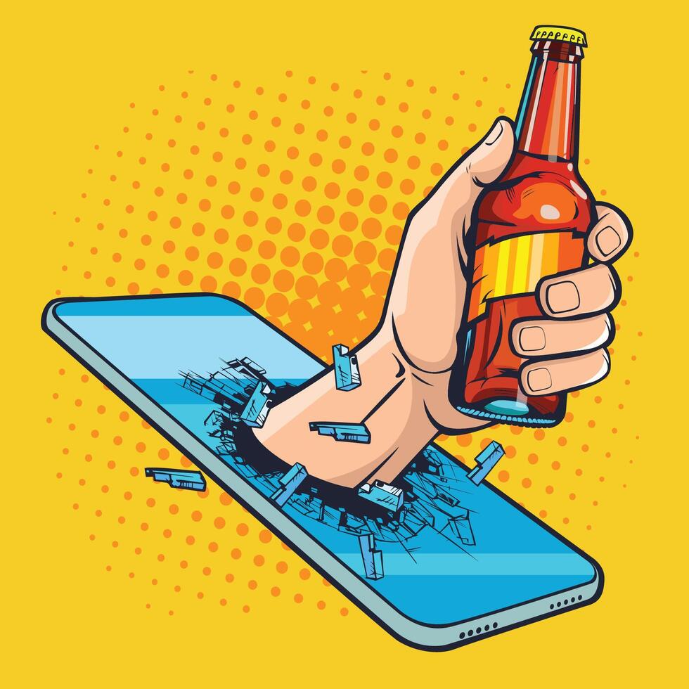 Online drinks delivery concept, hand with glass bottle with drink in hand from smartphone. Pop art retro illustration comic style vector