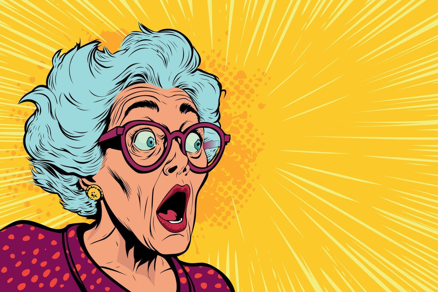 Amazed grandmother. Old, gray-haired woman in glasses and looking with surprising. Unbelievable news, big sale concept in pop art retro comic style vector