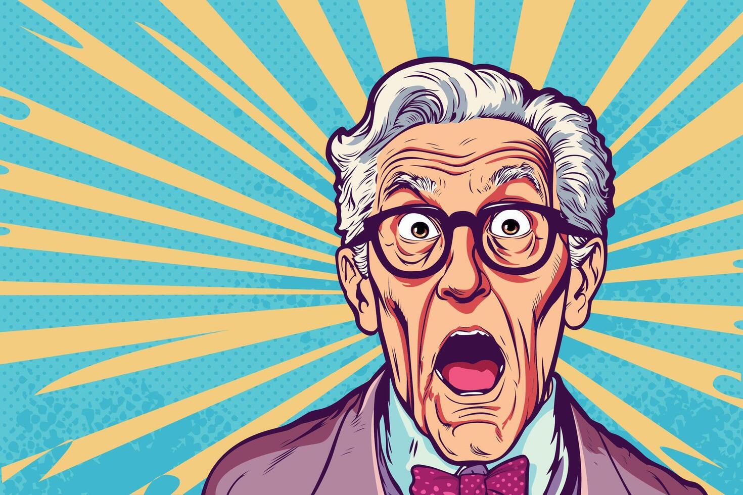 Amazed grandfather. Old, gray-haired man looking with surprising. Unbelievable news, big sale concept in pop art retro comic style vector