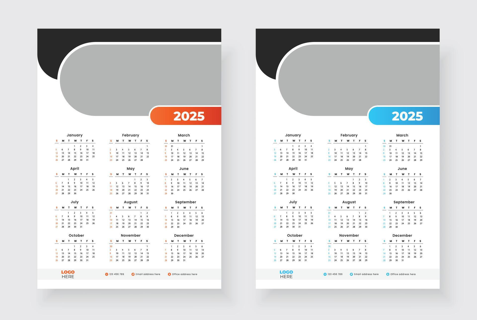 2025 one page calendar design template, Week starts on Sunday, Modern 12 months one page