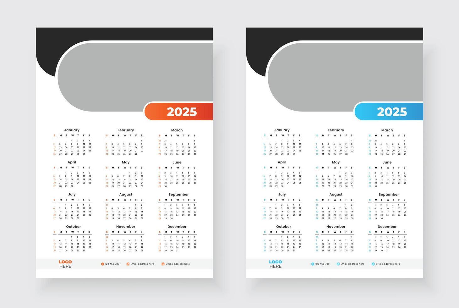 2025 one page calendar design template, Week starts on Sunday, Modern 12 months one page calendar. vector