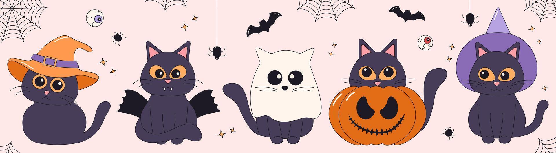 Cute kittens in Halloween costumes. Retro spooky sticker collection vector