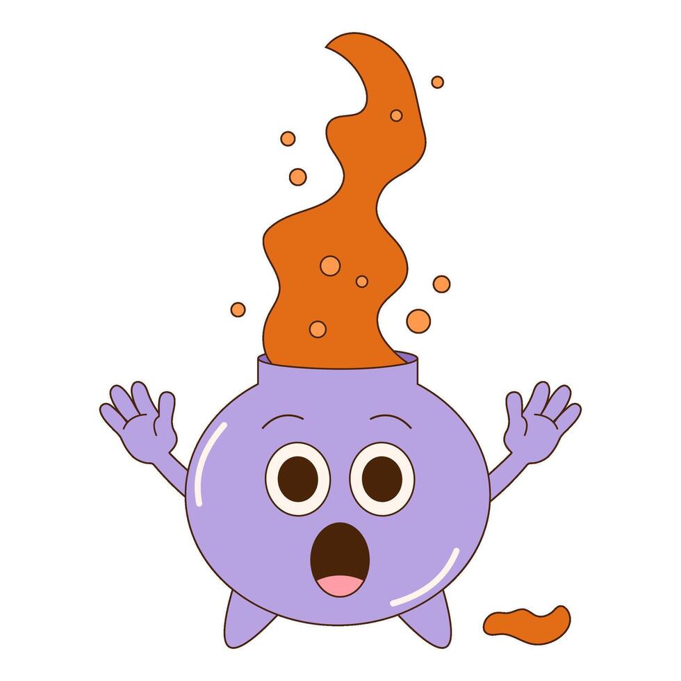 Scary groovy Halloween pot character with potion. Retro cartoon style. vector