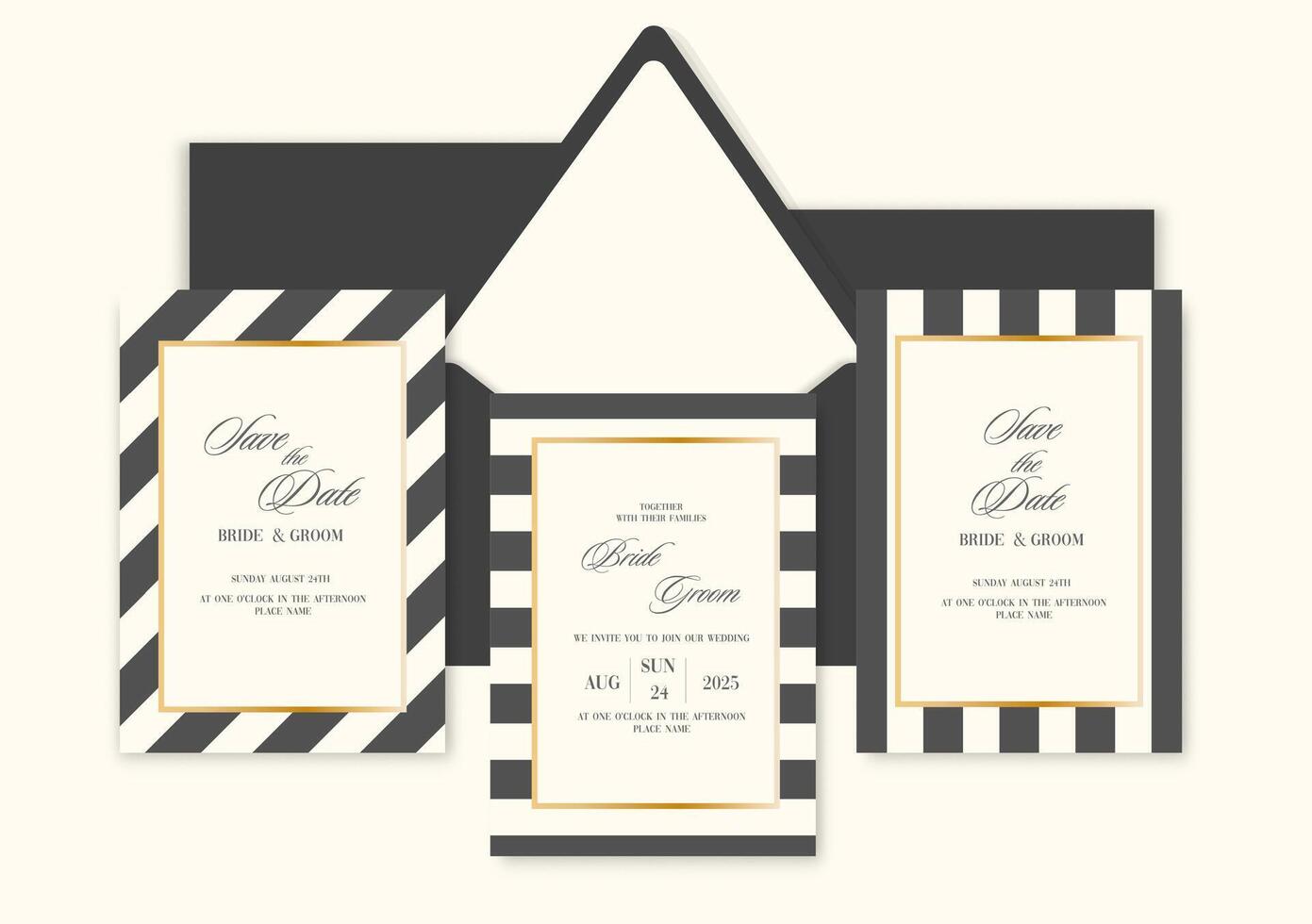 Elegant Black And White Stripe Gold Border Wedding Invitation template. vector