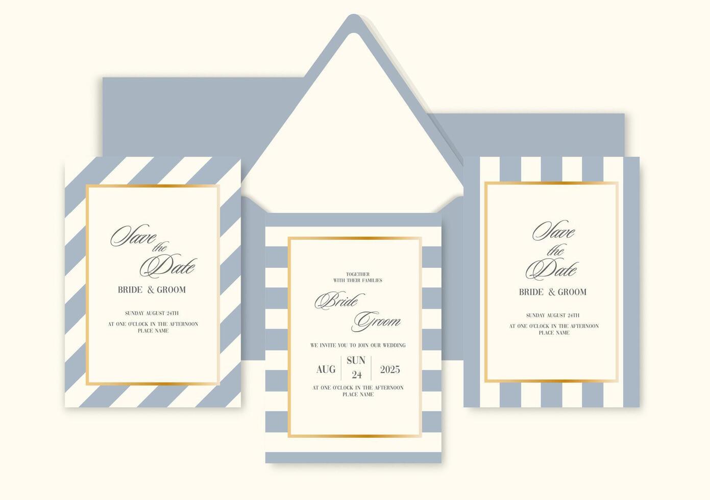 Elegant Dusty Blue Stripe Wedding Invitation template. vector
