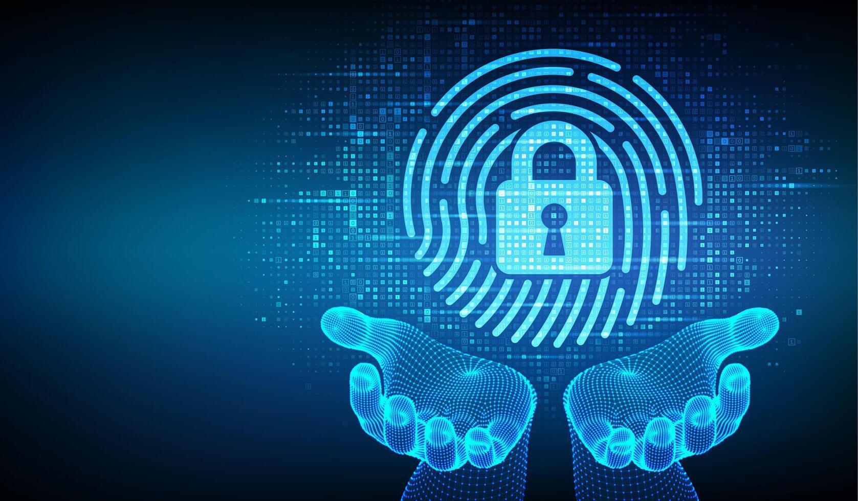 Fingerprint with padlock icon made with binary code in wireframe hands. Personal Data protection. Cyber Security. Biometrics identification. Digital background with digits 1.0. vector