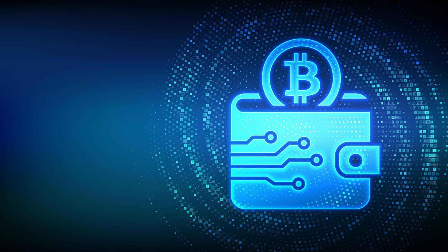Crypto Wallet icon with Bitcoin made with binary code. Digital Cryptocurrency wallet. Mobile banking, online finance, blockchain banner. Binary code background with digits 1.0. vector