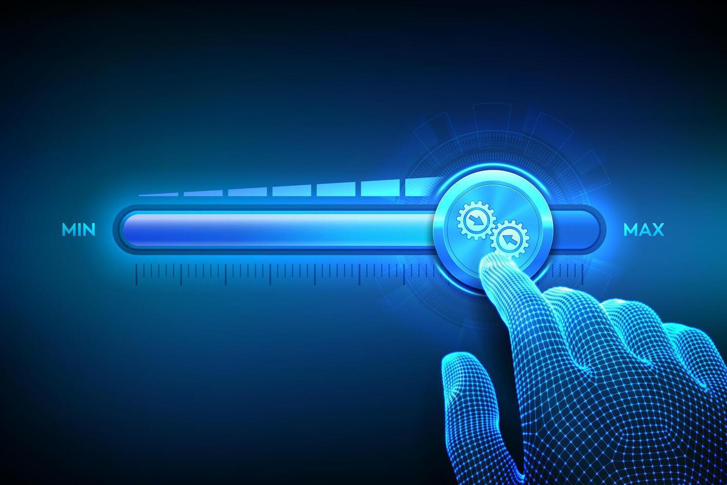 Integration data system. System Integration. Industrial and smart technology. Business and automation solutions. Wireframe hand is pulling up to the maximum position progress bar. vector