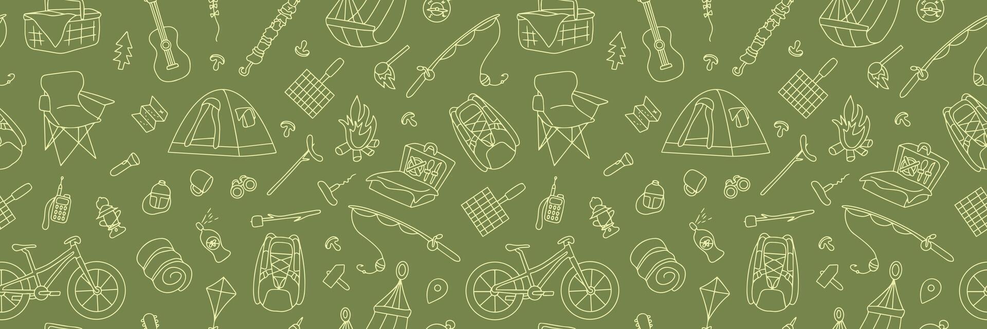 Seamless pattern. Hand drawn picnic, travel and camping theme. World Tourism Day. vector