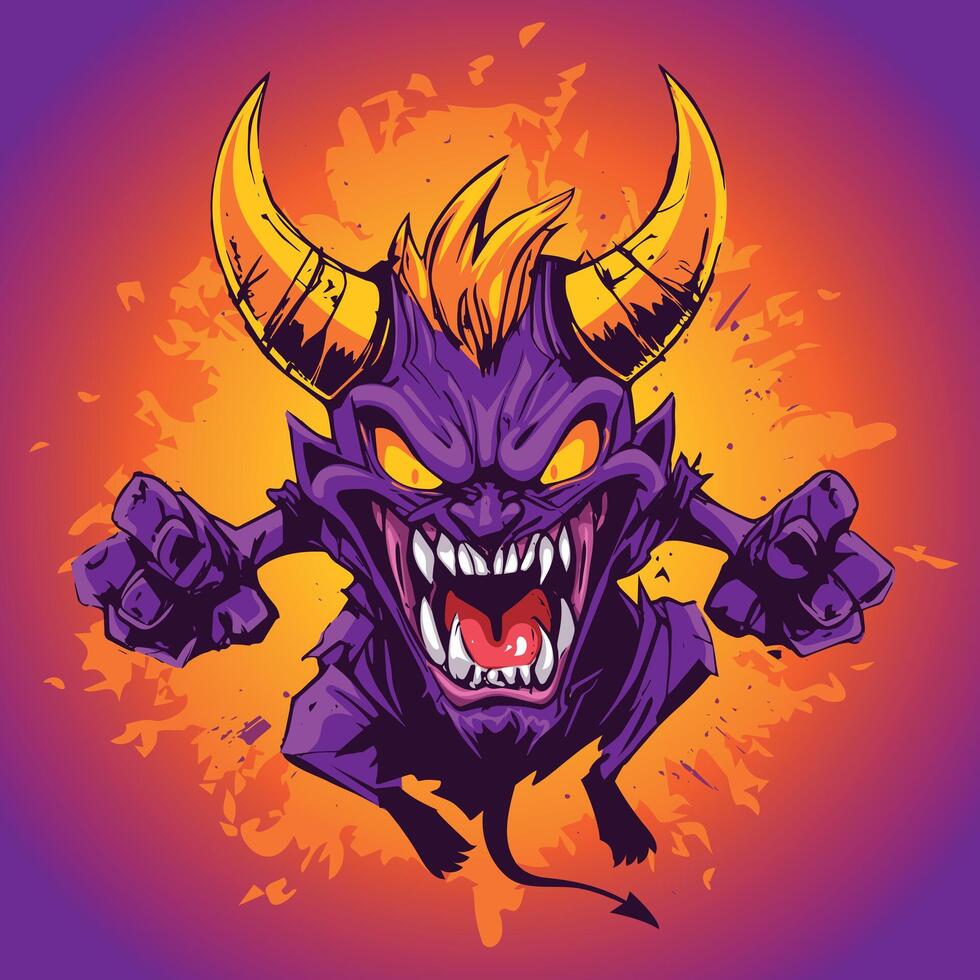 Angry purple Devil face, comic style for your infernal graphics on halloween, or character for games vector