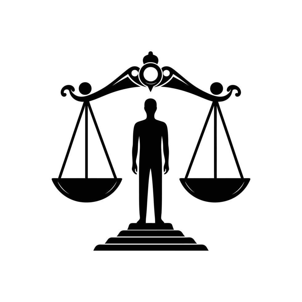 Human Figure Balancing Justice Scales Law and Equality Symbol in Silhouette Graphic for Legal Themes vector