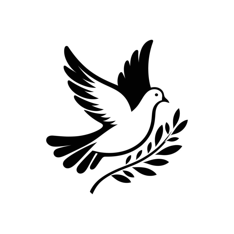 Elegant Dove Holding Olive Branch Silhouette Celebrating Global Peace, Hope, and Tranquility in a Minimalist Art Style vector