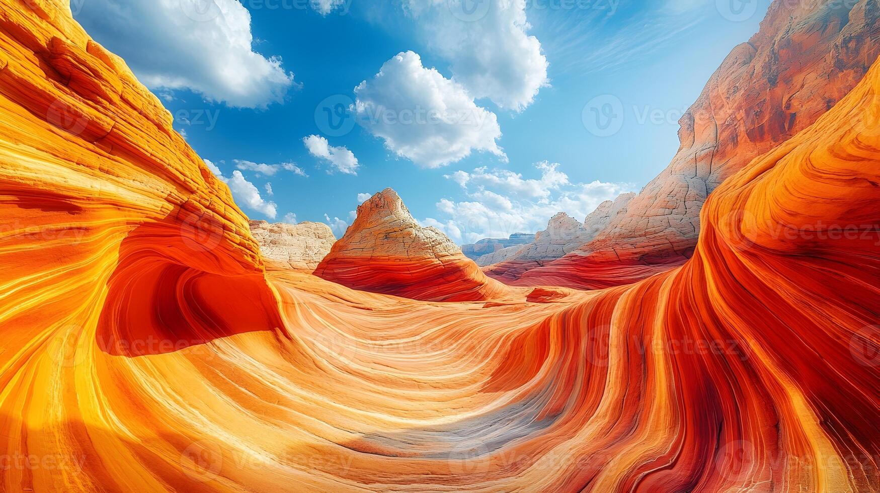 Breathtaking Panoramic View of Vibrant Sandstone Canyon with Clear Blue Sky photo