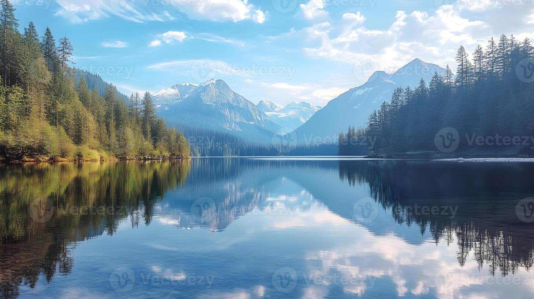 Tranquil Landscape Reflected on a Serene Lake Surrounded by Rugged Mountains and Lush Forests photo