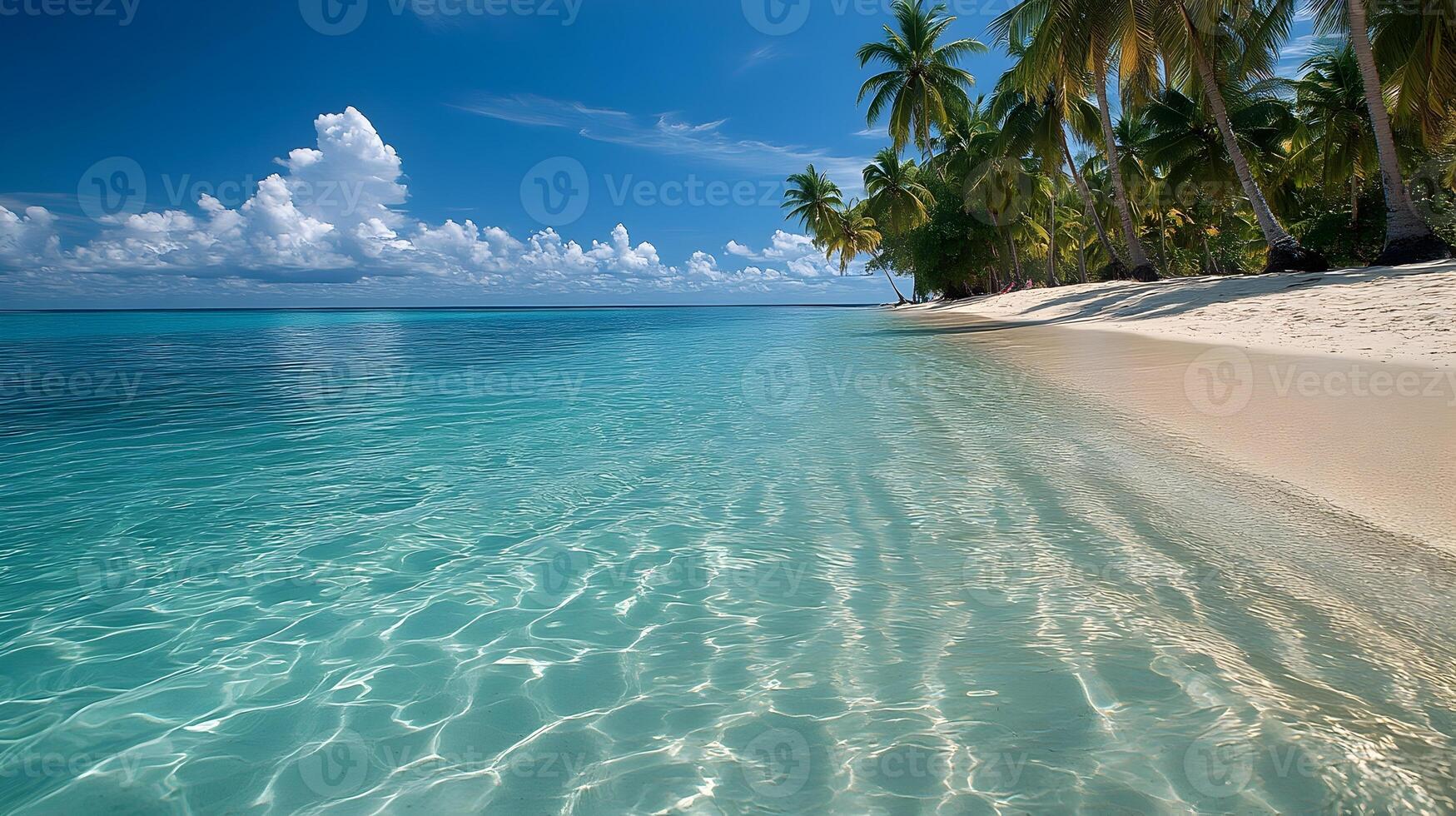 Tranquil Tropical Beach Scenery with Swaying Palm Trees and Crystal Clear Waters photo