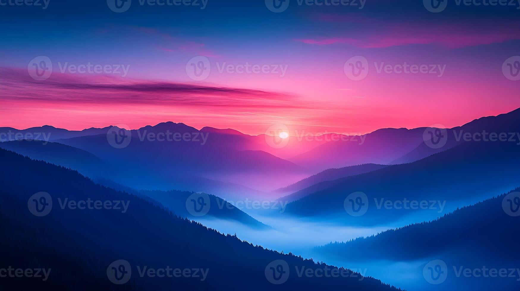 Misty Mountain Sunrise Landscape with Vibrant Colors and Serene Atmosphere photo