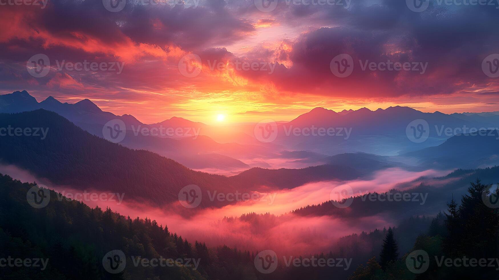 Mesmerizing Misty Mountain Landscape at Enchanting Sunrise with Vibrant Colors photo