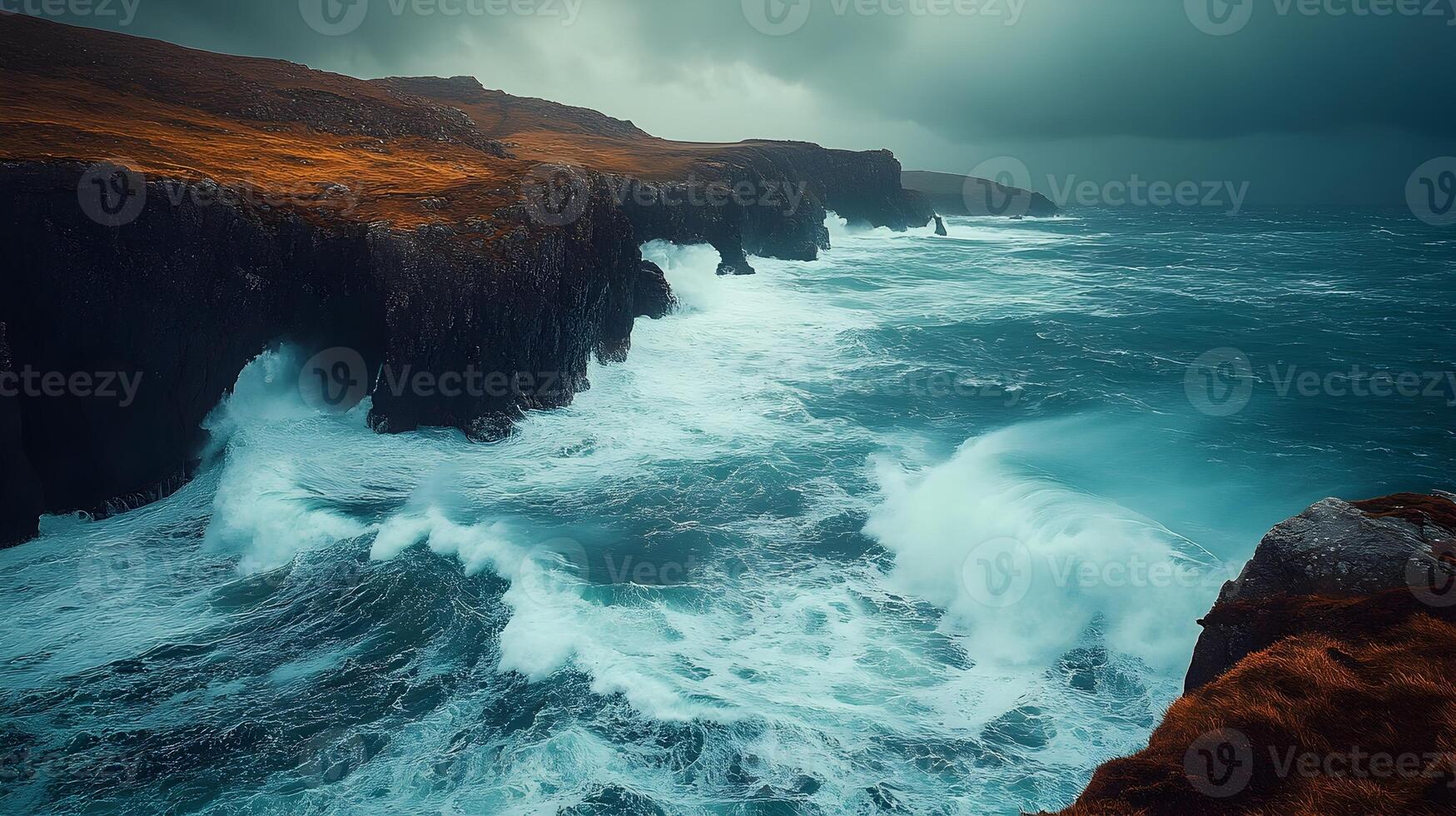 Dramatic Coastal Landscape with Rugged Cliffs and Crashing Waves photo