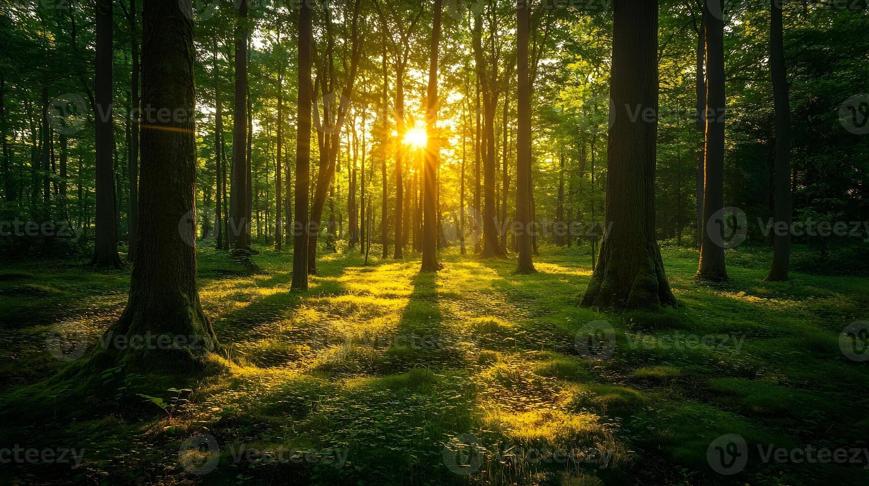 Serene Verdant Forest with Sunlight Filtering Through Lush Foliage photo