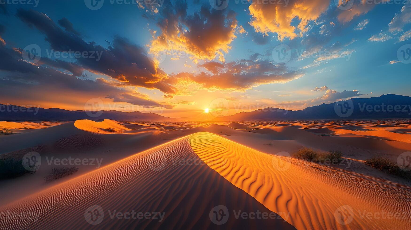 Vast Desert Landscape with Mesmerizing Golden Sunset and Rolling Sand Dunes photo