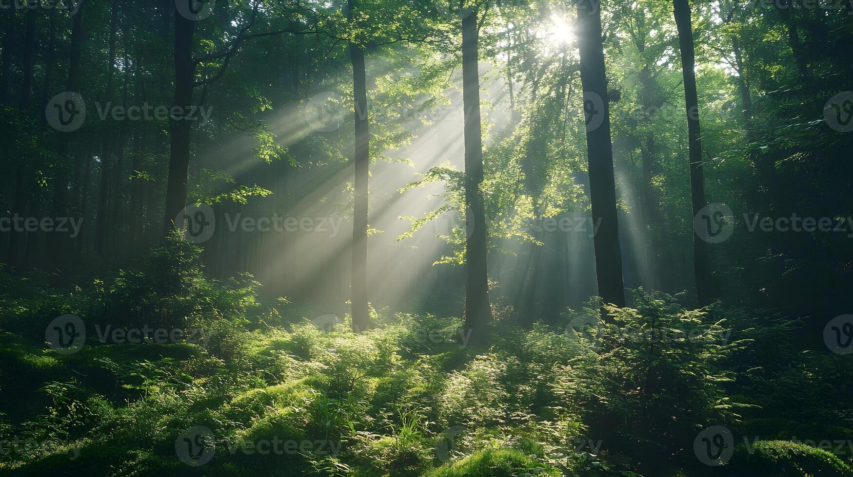 Lush Green Forest with Sunlight Filtering Through Serene Woodland Scenery photo