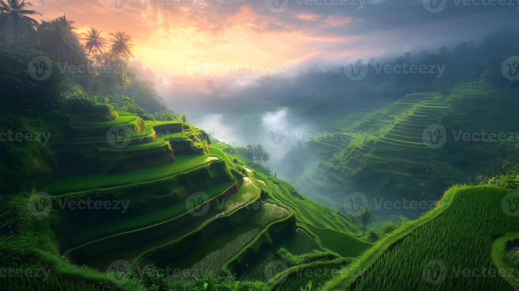 Captivating Terraced Rice Fields with Lush Green Paddies in a Majestic Scenic Landscape photo