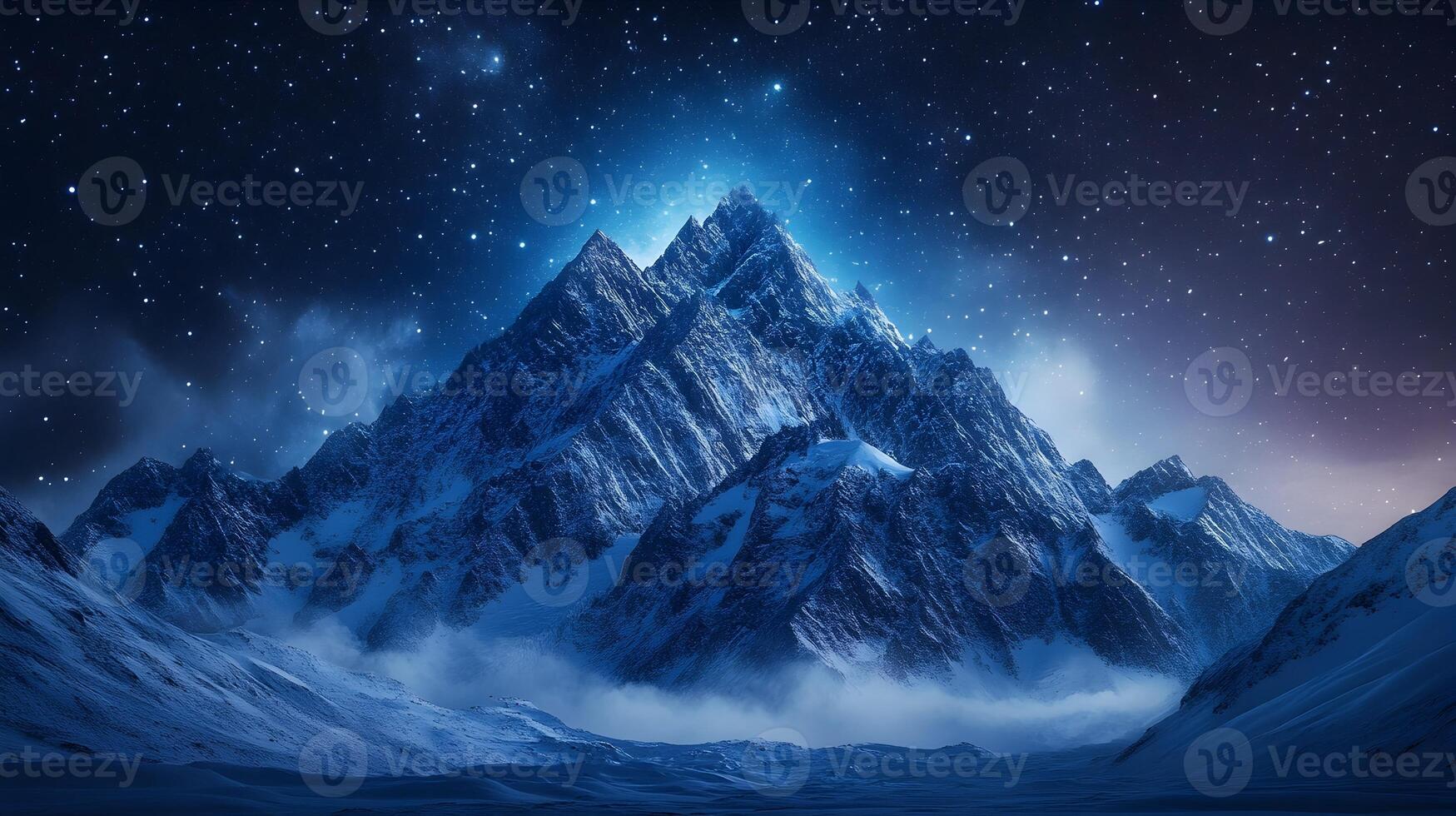 Captivating Snow Capped Mountain Range Beneath a Starry Night Sky photo