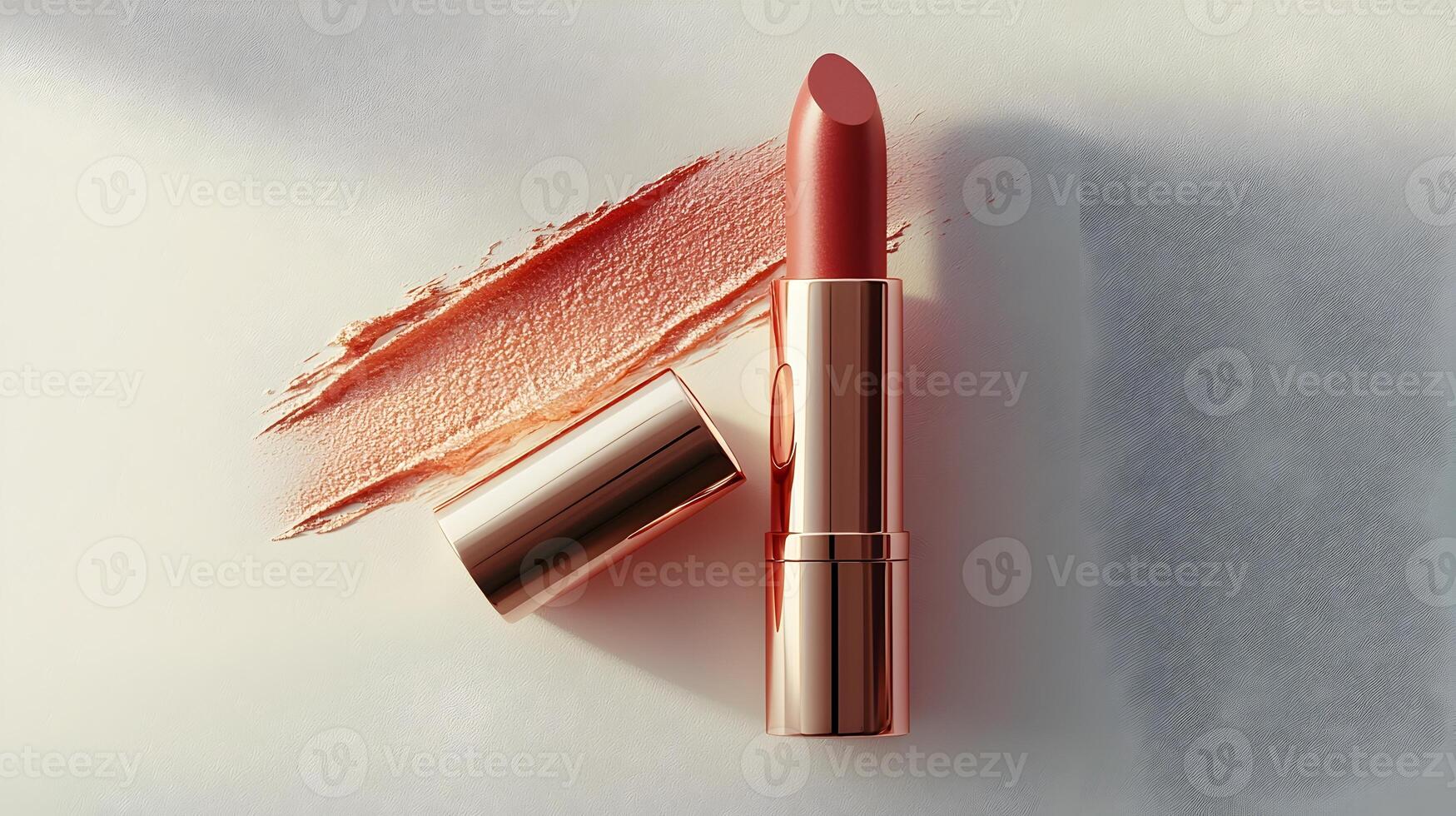 Vibrant Rose Gold Lipstick with Textured Case on White Background photo