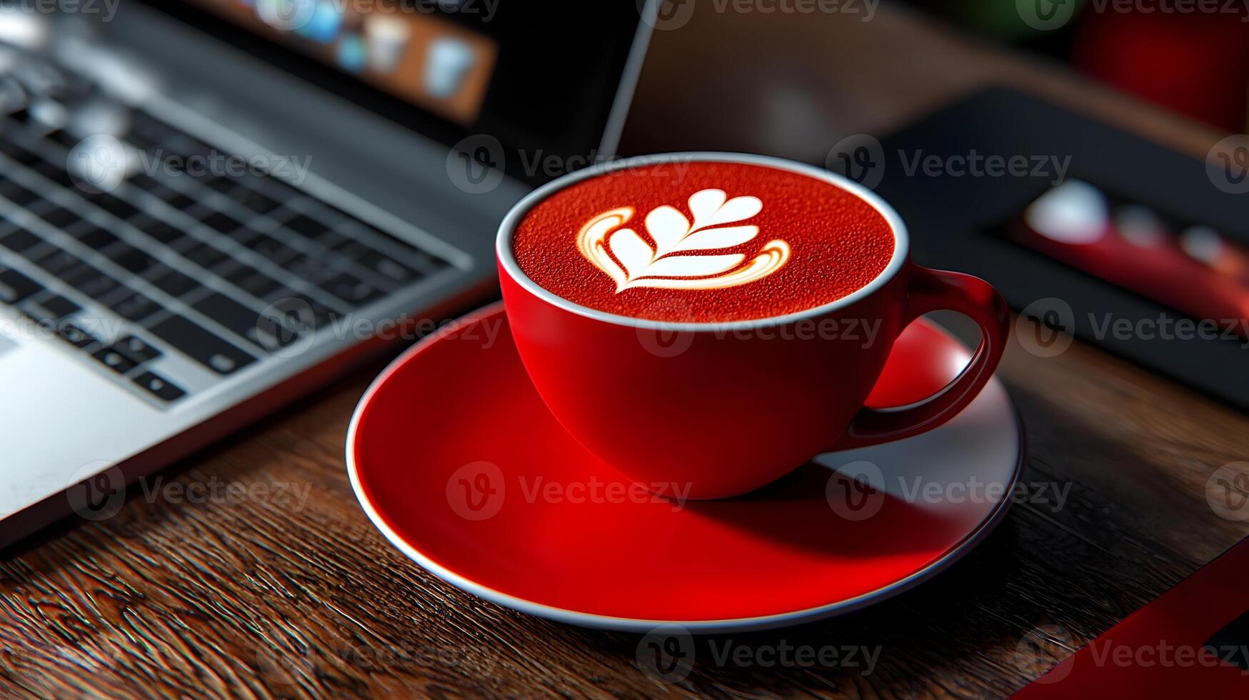 Modern Coffee Shop Experience with Laptop on Caf Table photo