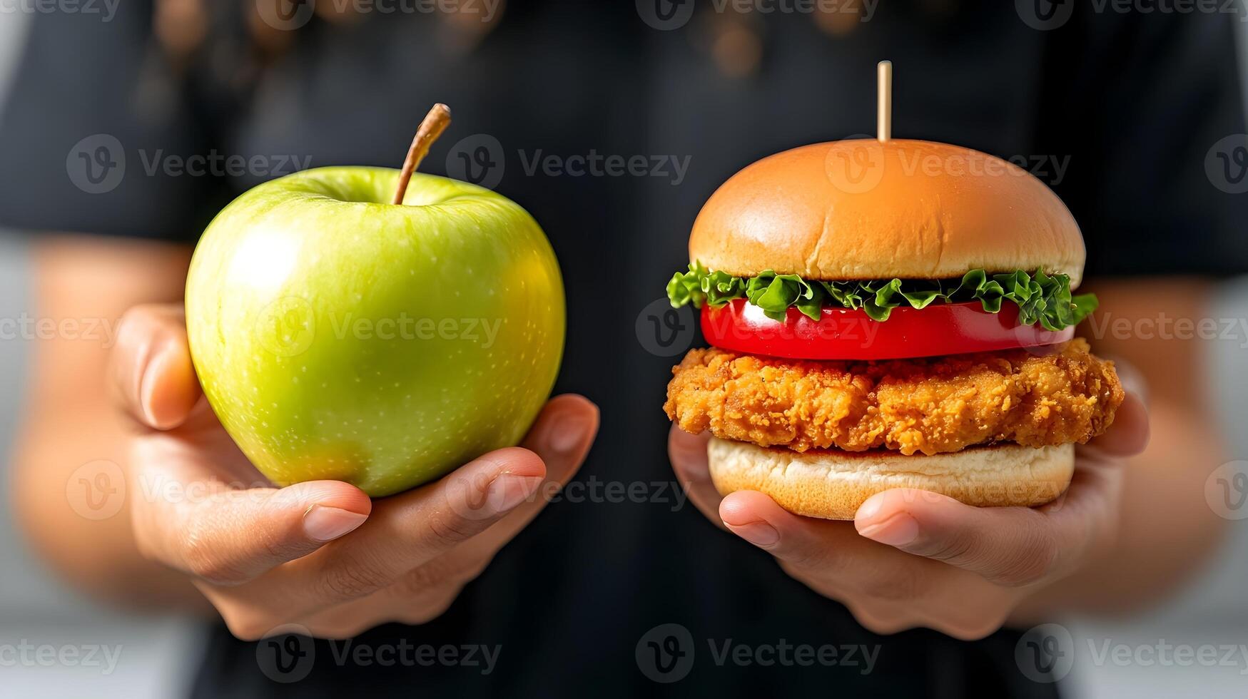 Person Holding Healthy Apple and Fast Food Burger Symbolizing Dietary Choice photo