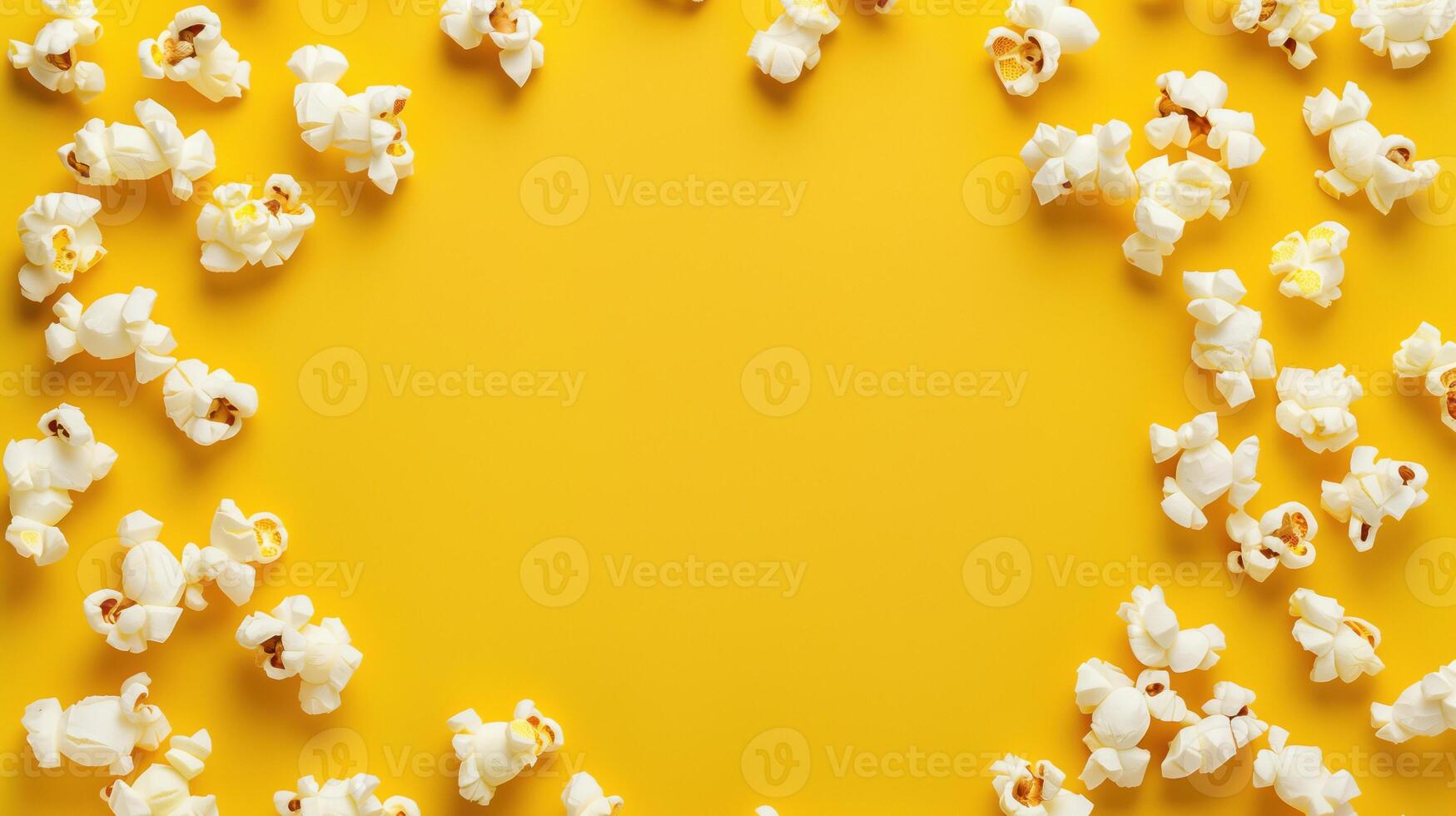 Popcorn scattered on a yellow background. A classic movie theater snack. View from above. photo