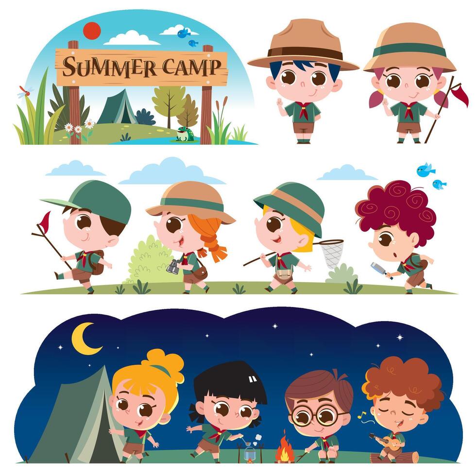 Scout kids character. Summer camp scouts. Summer camp kids vector