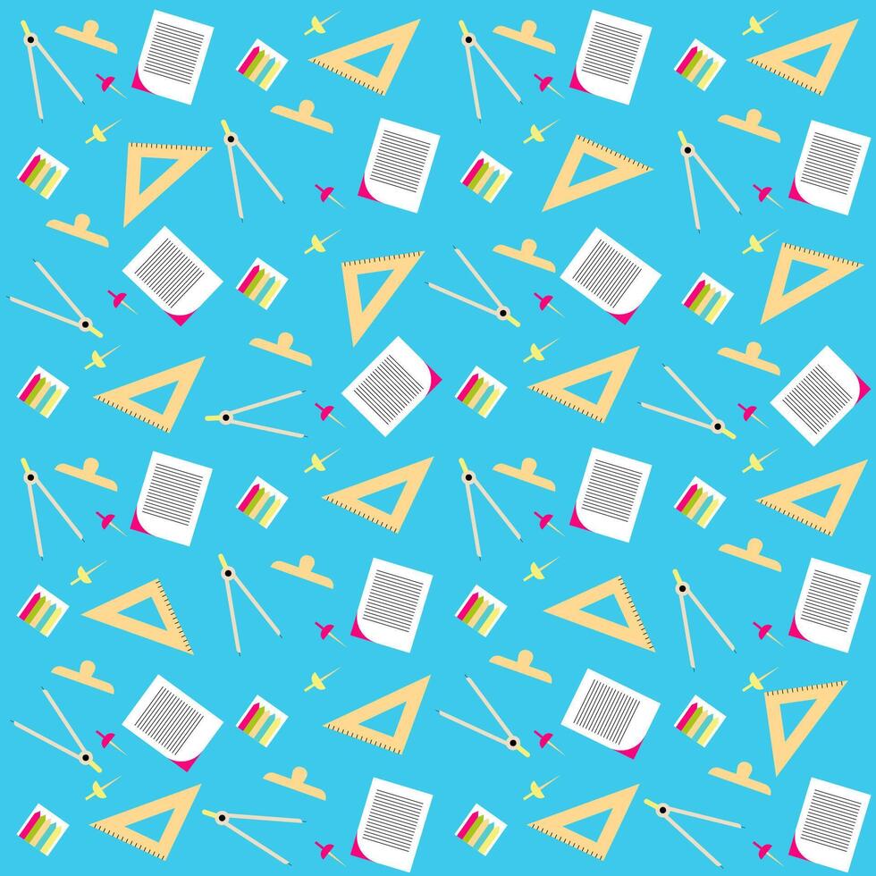 Stationary, science or back to school seamless pattern with triangle ruler, paper, clip, stickers, compass for drawing and pins. vector