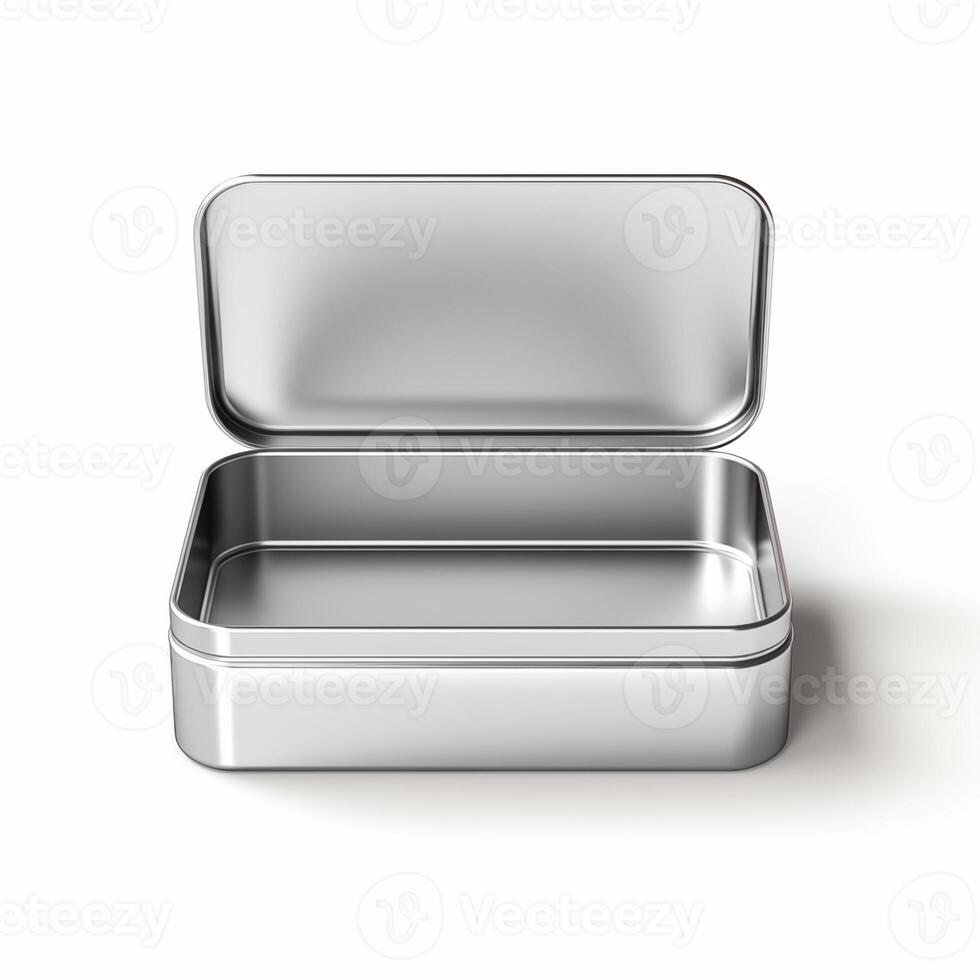 Rectangular tin box with an open lid. Metal box for various purposes. Isolate on a white back photo