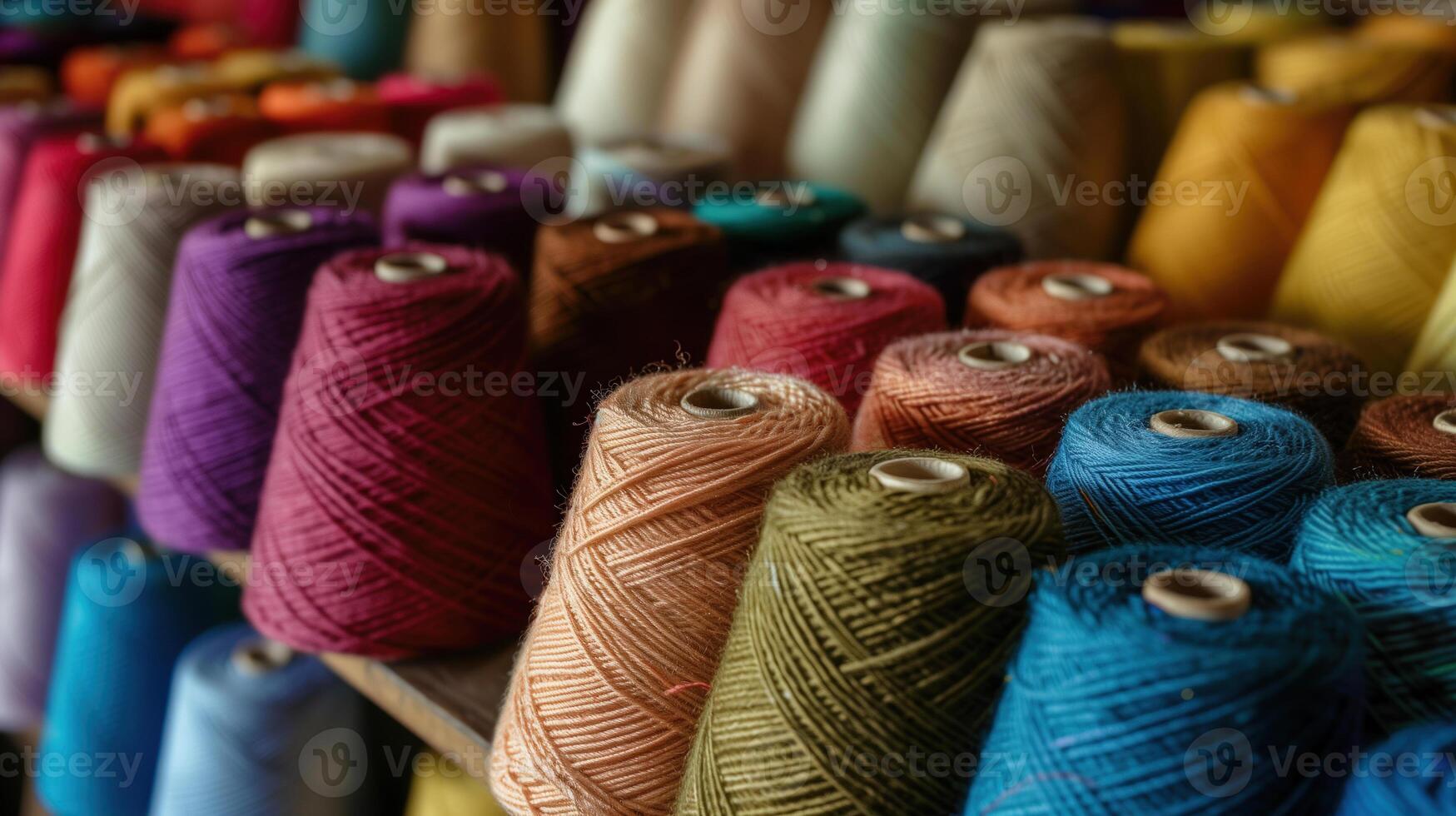 Multicolored yarn spools used in textile industry. Set of colored threads for sewing on coils. Pile of big colorful spools of thread. Colored thread spools of thread large class, textiles, back photo