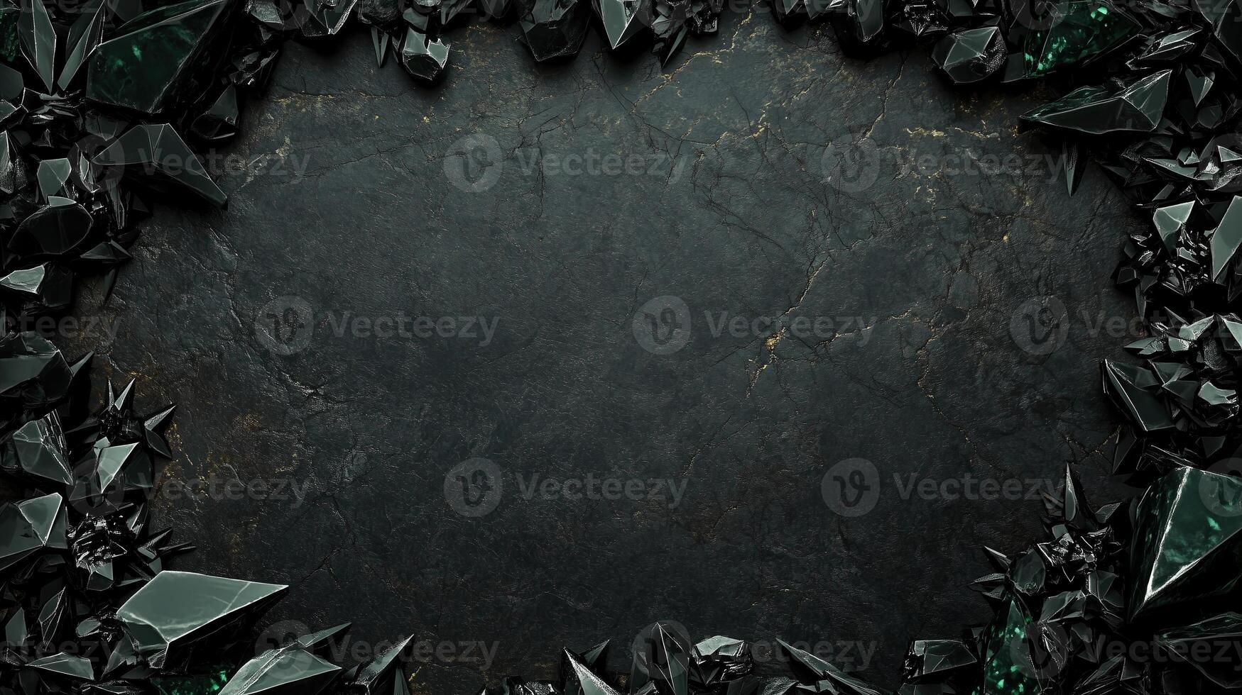 Dark and dramatic fantasy background featuring sharp, jagged black rocks with metallic accents, creating a luxurious and mystical atmosphere, perfect for game design, posters, or digital art photo