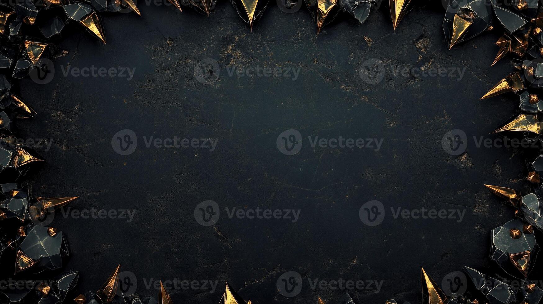 Dark and dramatic fantasy background featuring sharp, jagged black rocks with metallic gold accents, creating a luxurious and mystical atmosphere, perfect for game design, posters, or digital art photo