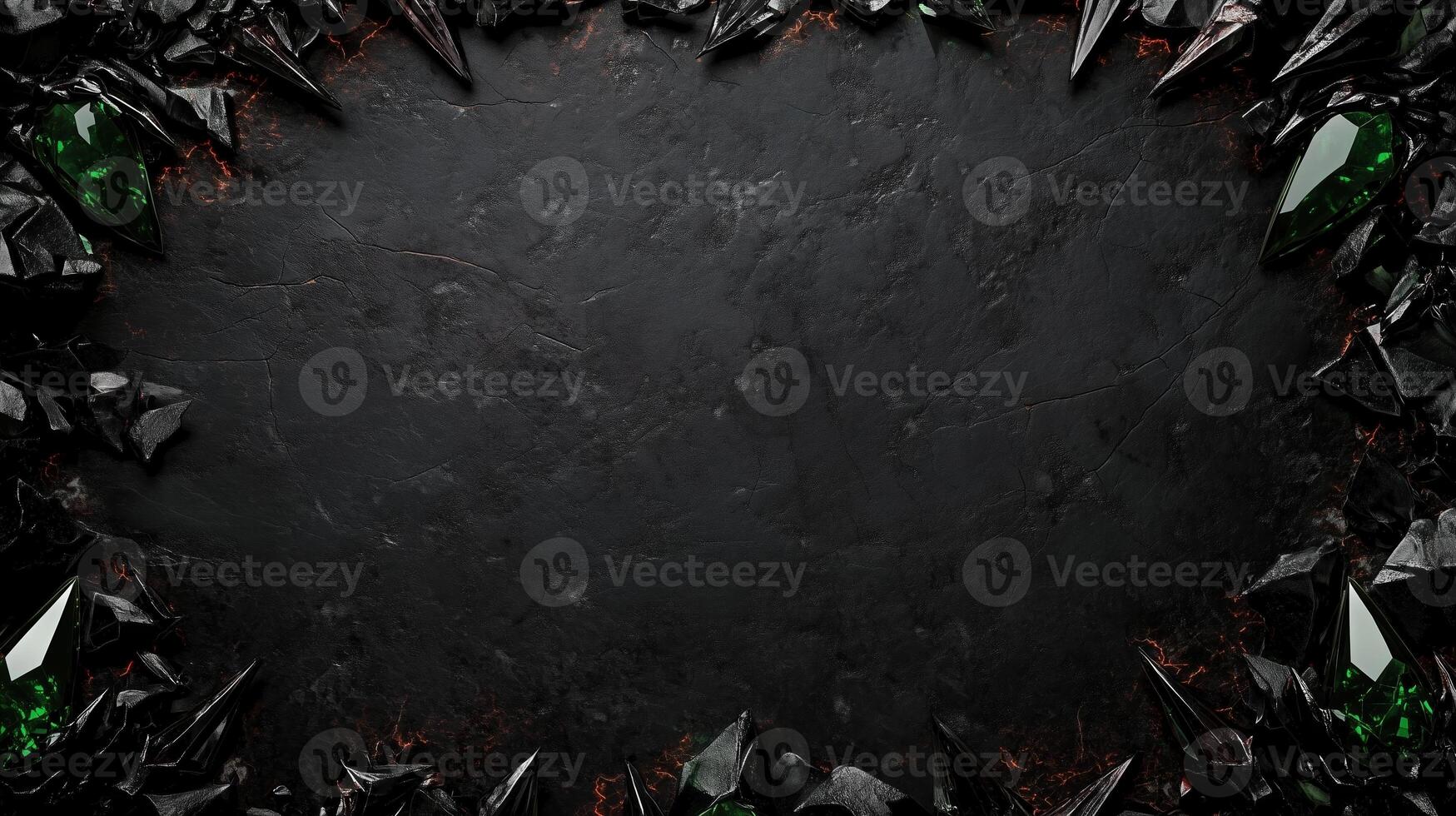 Dark and dramatic fantasy background featuring sharp, jagged black rocks with metallic accents, creating a luxurious and mystical atmosphere, perfect for game design, posters, or digital art photo