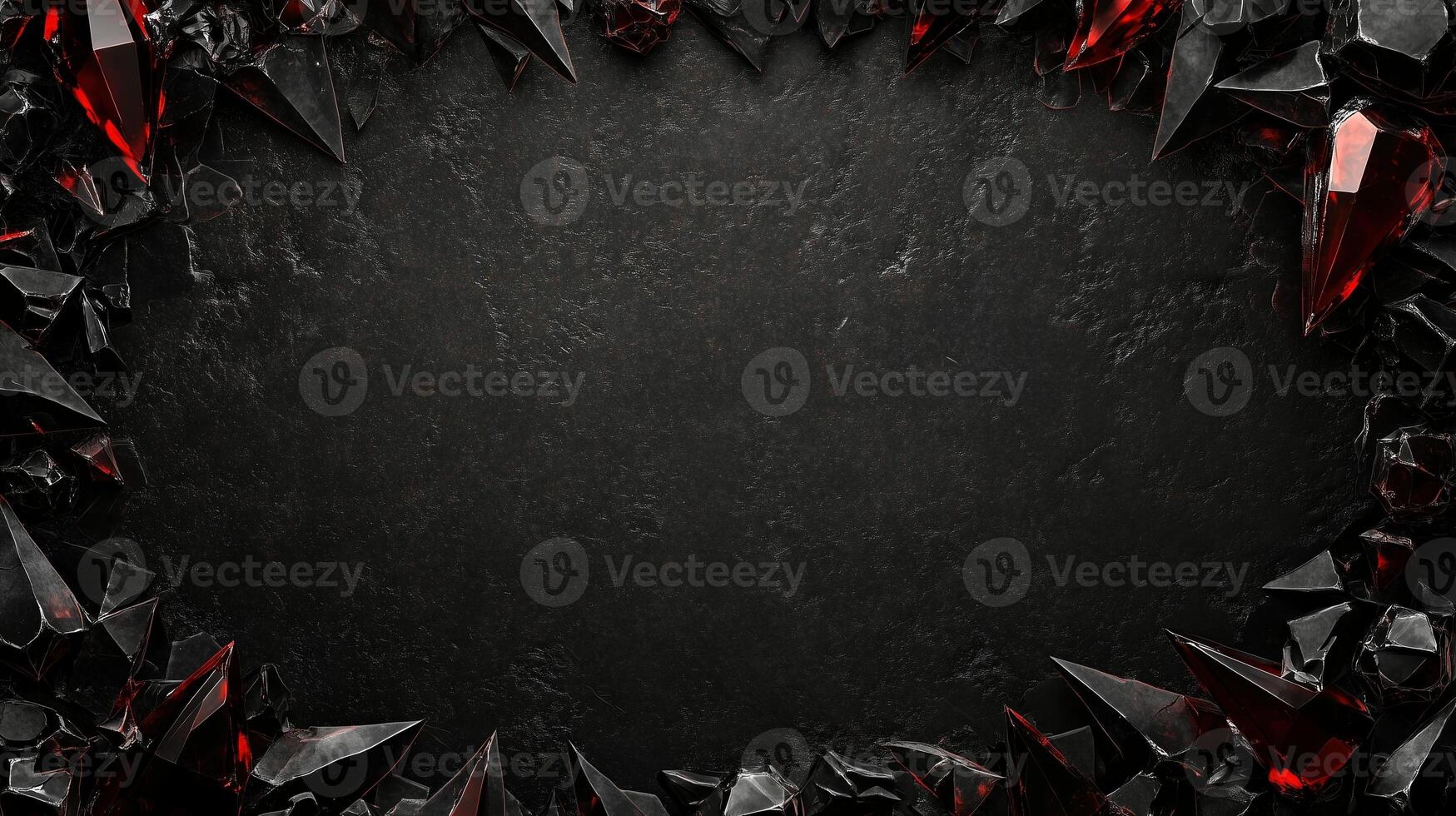 Dark and dramatic fantasy background featuring sharp, jagged black red rocks with metallic accents, creating a luxurious and mystical atmosphere, perfect for game design, posters, or digital art photo